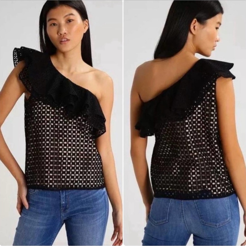 NWT J. Crew Black Eyelet One Shoulder Ruffle Top Sz 6T